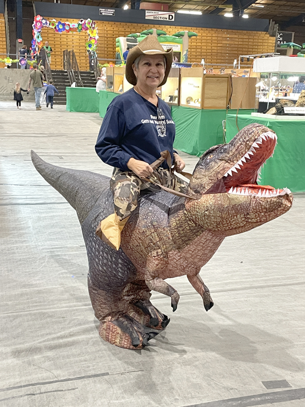 Patty on a dinosaur